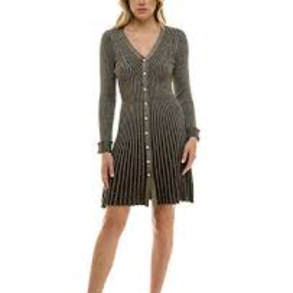 Taylor Metallic Knit Button Front Long Sleeved Dress
